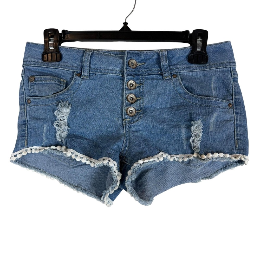Rebel By Right Shorts Juniors 5 Blue Distressed Cutoff Lace Trim Button Fly